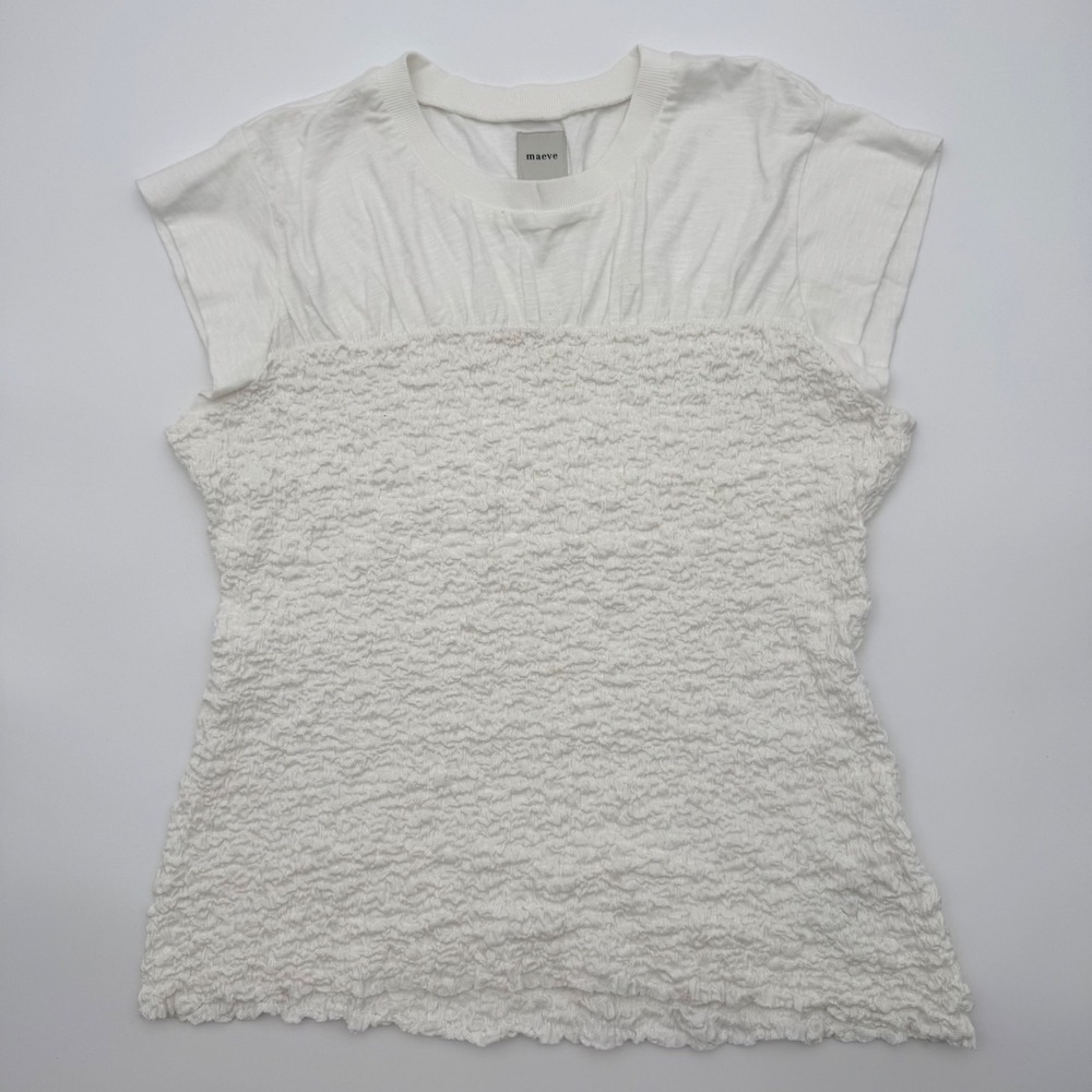 Maeve Anthropologie White Popcorn Smocked Textured Short Sleeve Top Large